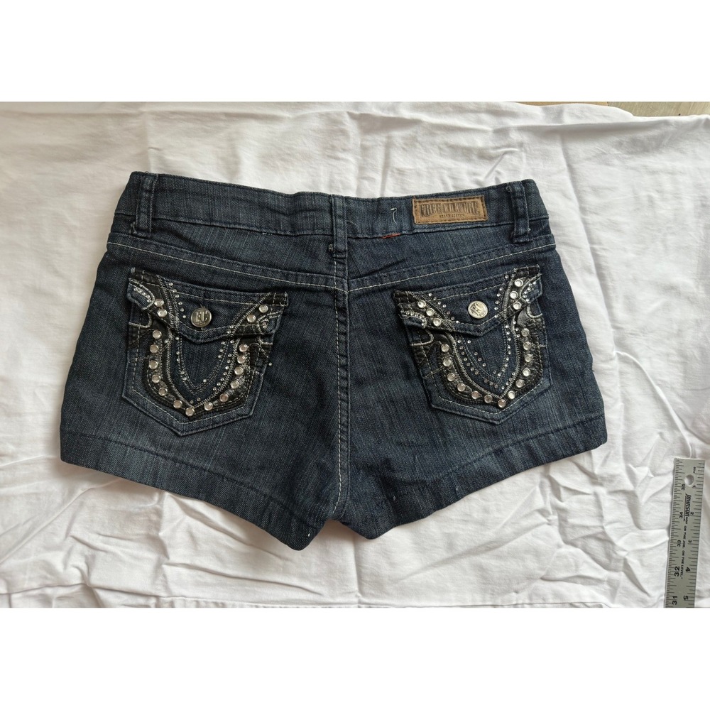 Free Culture Y2K Mini Denim Shorts Size 7 Dark Wash Rhinestone Back Pockets
